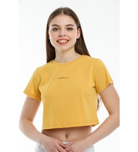 Süperlife Kadın Bisiklet Yaka Slim Fit Brookyn Baskılı Tişort SPR21Y14 (Hardal)