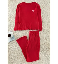 Tarz Rahat Büyük Beden Uzun Kollu Boru Paça Fitilli Baskılı Örme Pijama Takımı (Kırmızı)