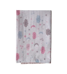 %100 Organik Pamuk Müslin Bebek Battaniyesi Ebat 80 X 90 Bulut Desen (Pembe)