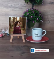 İsme Özel Fotoğraflı Dekoratif Taş, Ahşap Altlıklı Türk Kahvesi Fincanı Hediye (Model 8)