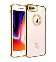 Uyumlu Model Apple iPhone 7 Plus Kılıf Kamera Korumalı Logo Gösteren Şeffaf Kapak (Gold)