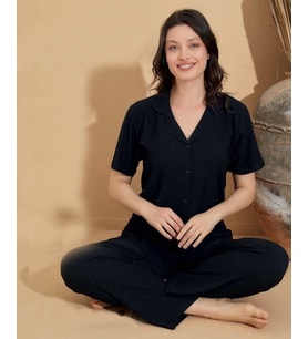 Gömlek Yaka Kısa Kol Pamuk Kadın Pijama Takımı (Siyah)