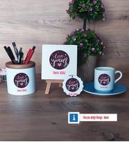Love Yourself Hediye Seti Dekoratif Taş, Kalemlik, Ahşap Altlıklı Türk Kahvesi Fincanı, Ahşap Anahtarlık Hediye (Model 5)