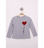 Toontoy Kız Çocuk Göğsü Pul Nakışlı T-Shirt ( Gri-Melanj)