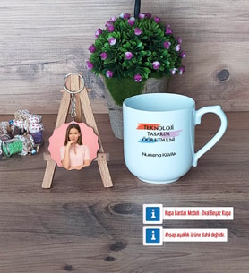 Teknoloji ve Tasarım Öğretmeni Kupa Bardak Beyaz ve Fotoğraflı Ahşap Anahtarlık Hediye (Model 5)