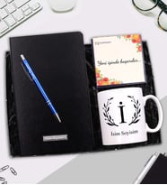 Kişiye Özel Kupa & Siyah Defter &Gümüş Renk Detaylı Tükenmez Kalem Hediye Seti (Mavi)