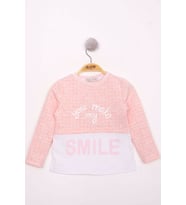 Toontoy Kız Çocuk Kareli Kumaşlı Smile Baskılı T-Shirt (Pembe Melanj)