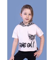 Toontoy Kız Çocuk Cep Detaylı Kapüşonlu Baskılı Tişört (Pudra)