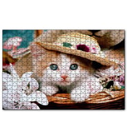 Cakapuzzle Sepette Şapkalı Yavru Kedi ve Çiçekler  Puzzle Yapboz MDF (Ahşap) (255 Parça)