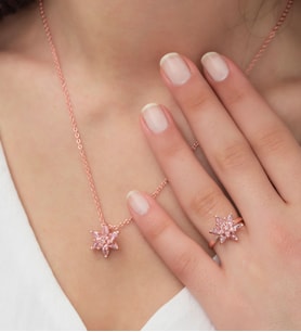 Rose Kaplama Zirkon Taşlı Lotus Çiçeği Kadın Kolye Yüzük Set (Pembe)