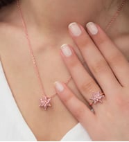 Rose Kaplama Zirkon Taşlı Lotus Çiçeği Kadın Kolye Yüzük Set (Pembe)