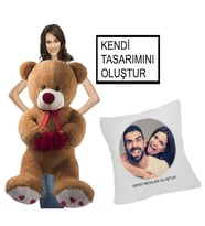 Kişiye Özel Yastık Hediyeli 100 cm Çift Kalp Tutan Romantik Ayıcık (Kahverengi)