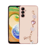 Samsung Galaxy A04S Kılıf El Askılı Tutamaçlı Kamera Korumalı Renkli Gold Kenar Silikon Kapak (Pembe)