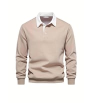Ghassy Co. Erkek Retro Renk Bloklu Pamuklu Gömlek Yaka Sweatshirt (Bej)