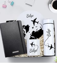 Kişiye Özel 500 ML Tasarım Beyaz Termos & Mousepad & Defter & Kalemlik Hediye Seti (Siyah)