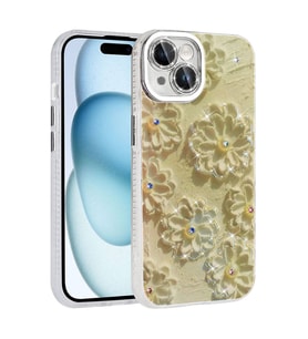 iPhone 15 Kılıf Çiçek Desenli Parlak Taşlı Sert Silikon Garden Kılıf (Beyaz)