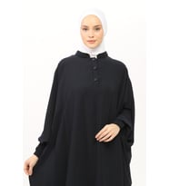 Kadın Medine İpeği Abaya Ferace Elbise Hakim Yakalı Yarasa Kollu Tesettür Elbise (Lacivert)