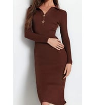 Moda Stil Slim Polo Yaka Midi Boy Triko Elbise (Kahverengi)