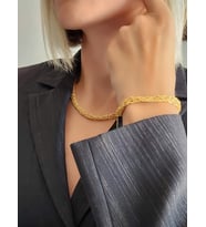 Zırh Örgü Model Çelik Zincir Dokuma Kolye Bileklik Set (Gold)
