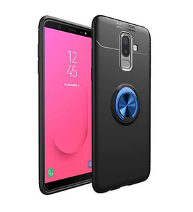 Samsung Galaxy J8 Kılıf Mıknatıslı Yüzüklü Standlı Yumuşak Silikon Kapak Ravel (Siyah-Mavi)