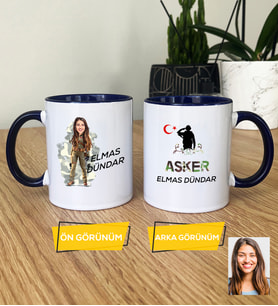 Kişiye Özel Karikatürlü Kadın Asker Kupa Bardak Asker Sevgiliye Doğum Günü Hediyesi (Lacivert)