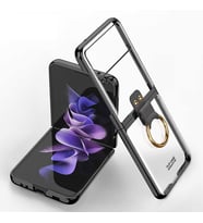 Samsung Galaxy Z Flip 3 Kılıf Yüzüklü Şeffaf Kıpta Kapak (Siyah)