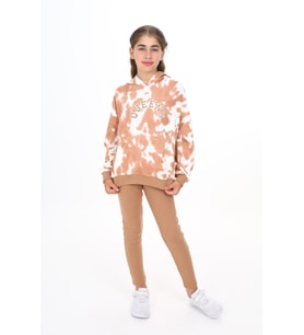 Toontoy Kız Çocuk Batik Desenli Taytlı Takım (Kahverengi)