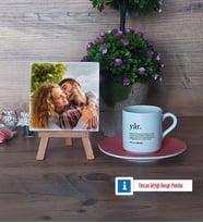 Sevgiliye Hediye Fotoğraflı Dekoratif Taş, Ahşap Altlıklı Türk Kahvesi Fincanı Hediye (Model 6)