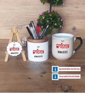 Optisyen Hediye Sepeti Kalemlik, Kupa Bardak Sihirli, Ahşap Anahtarlık Hediye (Model 2)