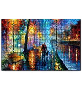 Cakapuzzle Sokak Lambaları Yürüyen Çift ve Köpek Yağlıboya  Puzzle Yapboz MDF (Ahşap) (255 Parça)