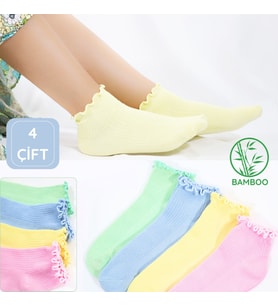 Kadın Bambu Çorap (4 ÇİFT) Renkli Fırfırlı Patik Kadın Çorap (Model 2)