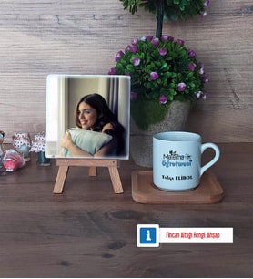 Matematik Öğretmeni Fotoğraflı Dekoratif Taş, Ahşap Altlıklı Türk Kahvesi Fincanı Hediye Matematik Öğretmenine Hediye (Model 1)