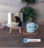 Matematik Öğretmeni Fotoğraflı Dekoratif Taş, Ahşap Altlıklı Türk Kahvesi Fincanı Hediye Matematik Öğretmenine Hediye (Model 1)