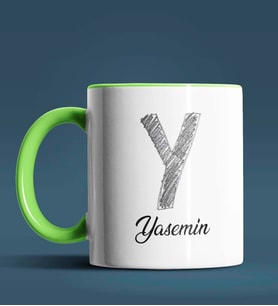 Kişiye Özel Y Harfi Temalı Kara Kalem Tasarım Siyah Renk Kupa (Yeşil)