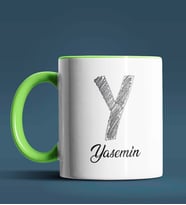 Kişiye Özel Y Harfi Temalı Kara Kalem Tasarım Siyah Renk Kupa (Yeşil)
