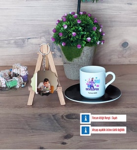 Developer Türk Kahvesi Fincanı Ahşap Altlıklı ve Fotoğraflı Ahşap Anahtarlık Hediye (Model 7)