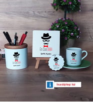 En Cool Baba Hediye Seti Dekoratif Taş, Kalemlik, Ahşap Altlıklı Türk Kahvesi Fincanı, Ahşap Anahtarlık Hediye Babaya Hediye (Model 9)