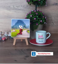Tarih Öğretmeni Fotoğraflı Dekoratif Taş, Ahşap Altlıklı Türk Kahvesi Fincanı Hediye (Model 3)
