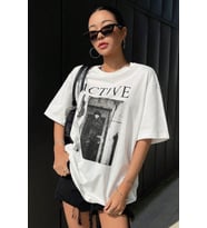 Unisex Active Baskılı Oversize Tshirt (Beyaz)