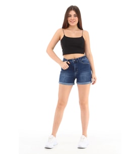 CEDY DENIM Kadın Yüksek Bel Duble Paça Kot Şort Klasik Mini Jean Şort C604 (A.Lacivert)