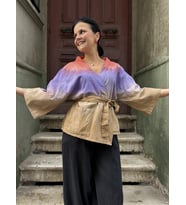 Organik Batik Kimono Bluz Hırka (Somon Pembe - Lila)