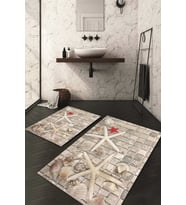 Dijital Baskılı Kaymaz Taban Yıkanabilir 2'li Klozet Takımı Banyo Paspası NDKZ-HY-1158 (Beyaz-Krem)