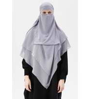 Hazır Pratik Şifon Üç Katlı Peçeli Üçgen Hac Umre Şalı Sufle Hijab Nikap (Gri)