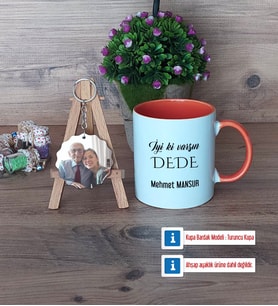 Dedeye Hediye Kupa Bardak Beyaz ve Fotoğraflı Ahşap Anahtarlık Hediye (Model 13)