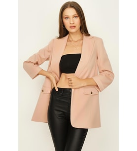 Kadın Kruvaze Yaka Gold Düğme Detaylı Blazer Ceket (Pembe)