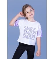 Toontoy Kız Çocuk Smile Baskılı Kolları Desenli Tişört (Beyaz)