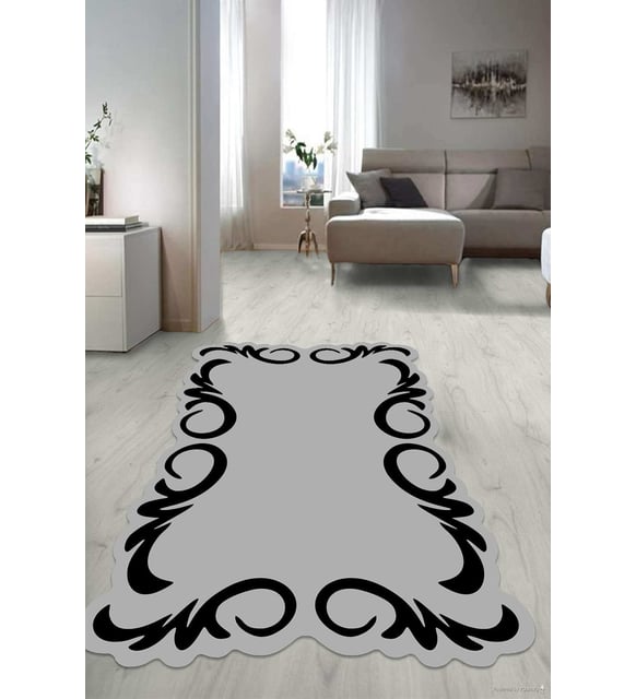 Dijital Baskılı Kaymaz Taban Yıkanabilir Lazer Kesim Salon Halısı Yolluk NLZR-ht-1027 (Gri - Siyah - Beyaz)