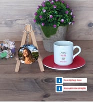 Doğum Günü Hediyesi Türk Kahvesi Fincanı Ahşap Altlıklı ve Fotoğraflı Ahşap Anahtarlık Hediye (Model 3)