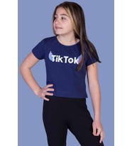 Toontoy Kız Çocuk Ön Arka TikTok Baskılı Tişört (Lacivert)