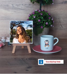 Tatlı Penguen Fotoğraflı Dekoratif Taş, Ahşap Altlıklı Türk Kahvesi Fincanı Hediye (Model 6)